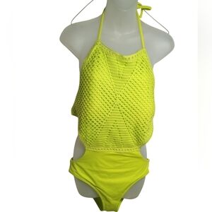 Aerie Neon Yellow One-Piece Crochet Halter, Cutout Monokini Swimwear Size Large